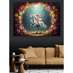 Çiçekli Bahçede Beyaz  Unicorn Dekoratif Kanvas - Mdf Ahşap Tablo 100x140 cm