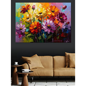 Vazoda Karışık Renkli Bahar Çiçekleri Dekoratif Kanvas - Mdf Ahşap Tablo 50x70 cm