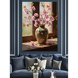 Pembe Çiçekli Vazo Duvar Tablosu Dekoratif Kanvas - Mdf Ahşap Tablo 100x140 cm