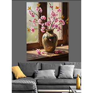 Pembe Çiçekli Vazo Duvar Tablosu Dekoratif Kanvas - Mdf Ahşap Tablo 100x140 cm