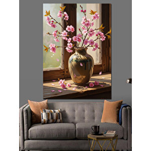 Pembe Çiçekli Vazo Duvar Tablosu Dekoratif Kanvas - Mdf Ahşap Tablo 100x140 cm