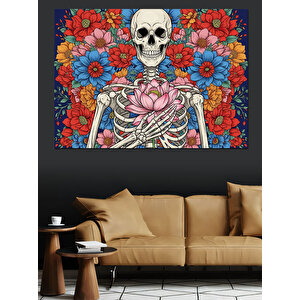 Çiçekli İskelet Ve Kalp Tablosu Dekoratif Kanvas - Mdf Ahşap Tablo 50x70 cm