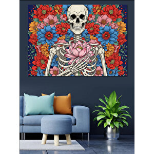 Çiçekli İskelet Ve Kalp Tablosu Dekoratif Kanvas - Mdf Ahşap Tablo 50x70 cm