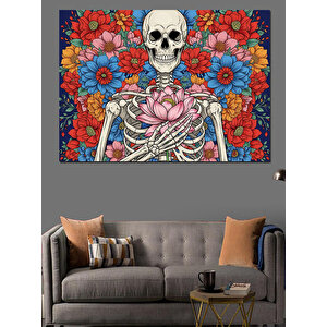 Çiçekli İskelet Ve Kalp Tablosu Dekoratif Kanvas - Mdf Ahşap Tablo 50x70 cm