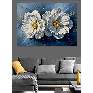 Beyaz Taş Dokulu Kabartma Çiçekler Dekoratif Kanvas - Mdf Ahşap Tablo 50x70 cm