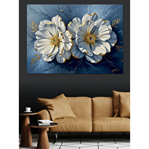 Beyaz Taş Dokulu Kabartma Çiçekler Dekoratif Kanvas - Mdf Ahşap Tablo 50x70 cm