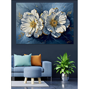 Beyaz Taş Dokulu Kabartma Çiçekler Dekoratif Kanvas - Mdf Ahşap Tablo 50x70 cm