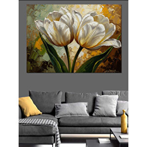 Vazo İçinde Beyaz Estetik Çiçekler Dekoratif Kanvas - Mdf Ahşap Tablo 100x140 cm