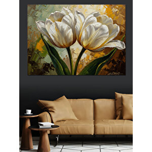 Vazo İçinde Beyaz Estetik Çiçekler Dekoratif Kanvas - Mdf Ahşap Tablo 100x140 cm