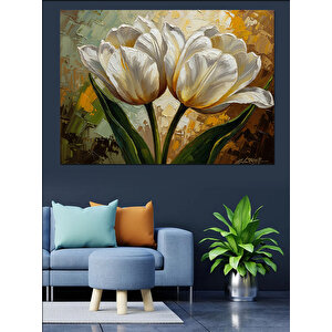 Vazo İçinde Beyaz Estetik Çiçekler Dekoratif Kanvas - Mdf Ahşap Tablo 100x140 cm