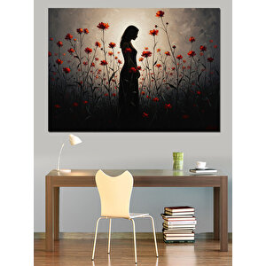 Çiçekler Arasında Bekleyen Yalnız Kadın Dekoratif Kanvas - Mdf Ahşap Tablo 70x100 cm