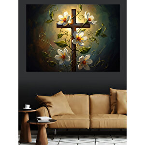 Çiçekli Beyaz Haç Dini Sembol Dekoratif Kanvas - Mdf Ahşap Tablo 70x100 cm
