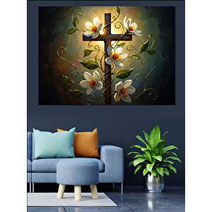 Çiçekli Beyaz Haç Dini Sembol Dekoratif Kanvas - Mdf Ahşap Tablo 70x100 cm
