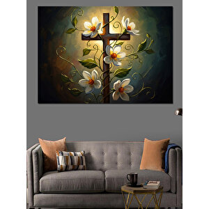 Çiçekli Beyaz Haç Dini Sembol Dekoratif Kanvas - Mdf Ahşap Tablo 70x100 cm