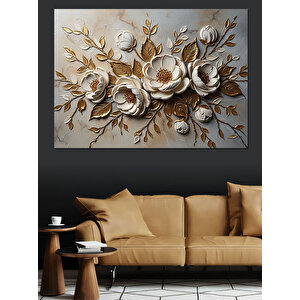 Duvar Üzerinde Üç Boyutlu Çiçekler Dekoratif Kanvas - Mdf Ahşap Tablo 100x140 cm