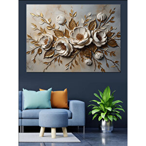 Duvar Üzerinde Üç Boyutlu Çiçekler Dekoratif Kanvas - Mdf Ahşap Tablo 100x140 cm