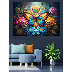 Kelebekli Ve Çiçekli Modern Sanat Dekoratif Kanvas - Mdf Ahşap Tablo 100x140 cm