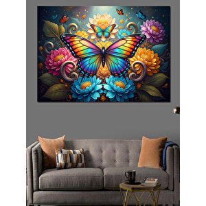 Kelebekli Ve Çiçekli Modern Sanat Dekoratif Kanvas - Mdf Ahşap Tablo 100x140 cm