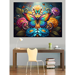 Kelebekli Ve Çiçekli Modern Sanat Dekoratif Kanvas - Mdf Ahşap Tablo 100x140 cm