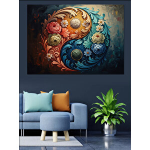 Çiçekli Yin Yang Denge Sembolü Dekoratif Kanvas - Mdf Ahşap Tablo 100x140 cm