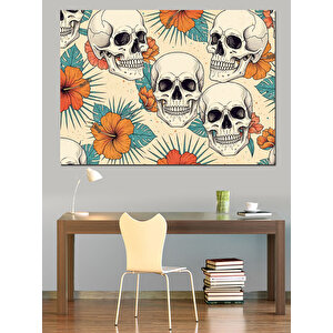 Çiçekli Kuru Kafa Desen Tablosu Dekoratif Kanvas - Mdf Ahşap Tablo 50x70 cm