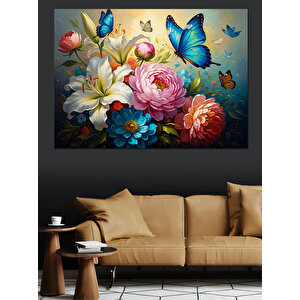 Mavi Kelebekler Ve Bahar Çiçekleri Dekoratif Kanvas - Mdf Ahşap Tablo 50x70 cm