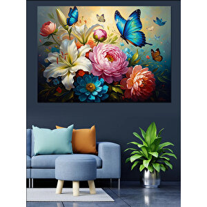 Mavi Kelebekler Ve Bahar Çiçekleri Dekoratif Kanvas - Mdf Ahşap Tablo 50x70 cm