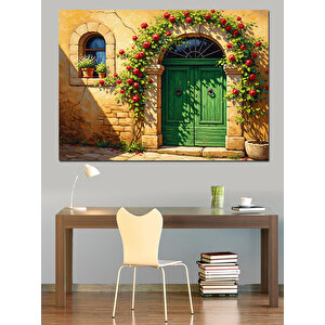 Çiçekli Duvar Ve Yeşil Antika Kapı Dekoratif Kanvas - Mdf Ahşap Tablo 50x70 cm