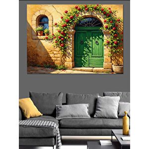 Çiçekli Duvar Ve Yeşil Antika Kapı Dekoratif Kanvas - Mdf Ahşap Tablo 50x70 cm