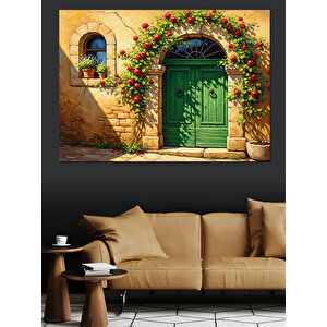 Çiçekli Duvar Ve Yeşil Antika Kapı Dekoratif Kanvas - Mdf Ahşap Tablo 50x70 cm