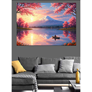 Kiraz Çiçekleri Ve Dağ Dekoratif Kanvas - Mdf Ahşap Tablo 50x70 cm