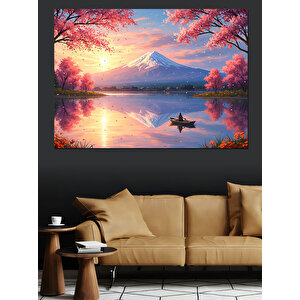 Kiraz Çiçekleri Ve Dağ Dekoratif Kanvas - Mdf Ahşap Tablo 50x70 cm