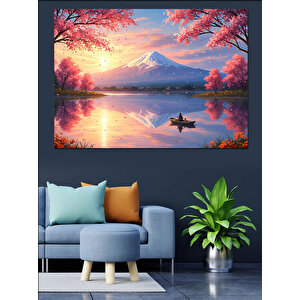 Kiraz Çiçekleri Ve Dağ Dekoratif Kanvas - Mdf Ahşap Tablo 50x70 cm