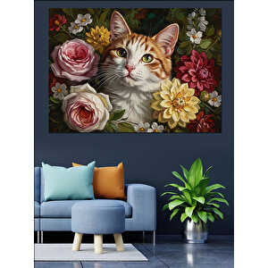 Çiçekler İçinde Sevimli Tekir Kedi Dekoratif Kanvas - Mdf Ahşap Tablo 100x140 cm