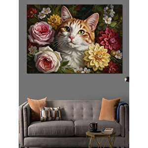 Çiçekler İçinde Sevimli Tekir Kedi Dekoratif Kanvas - Mdf Ahşap Tablo 100x140 cm