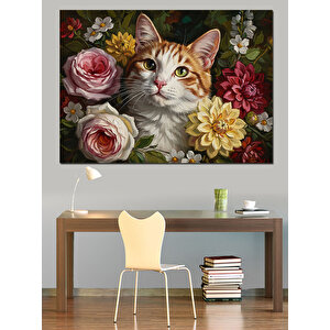 Çiçekler İçinde Sevimli Tekir Kedi Dekoratif Kanvas - Mdf Ahşap Tablo 100x140 cm