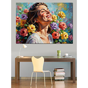 Renkli Çiçekler İçinde Gülümseyen Kadın Dekoratif Kanvas - Mdf Ahşap Tablo 70x100 cm
