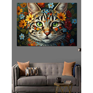 Çiçekli Tacı Olan Renkli Kedi Dekoratif Kanvas - Mdf Ahşap Tablo 70x100 cm