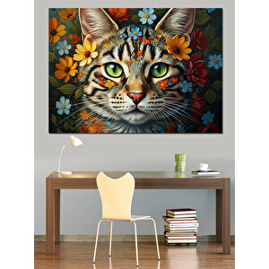 Çiçekli Tacı Olan Renkli Kedi Dekoratif Kanvas - Mdf Ahşap Tablo 70x100 cm