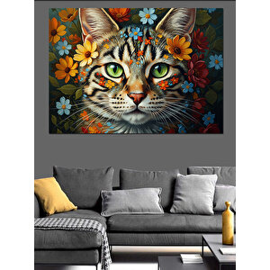Çiçekli Tacı Olan Renkli Kedi Dekoratif Kanvas - Mdf Ahşap Tablo 70x100 cm