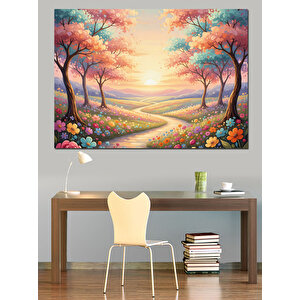 Pembe Çiçekli Yol Ve Gün Batımı Dekoratif Kanvas - Mdf Ahşap Tablo 70x100 cm