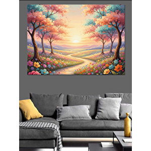 Pembe Çiçekli Yol Ve Gün Batımı Dekoratif Kanvas - Mdf Ahşap Tablo 70x100 cm