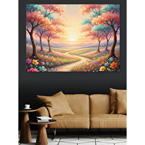Pembe Çiçekli Yol Ve Gün Batımı Dekoratif Kanvas - Mdf Ahşap Tablo 70x100 cm