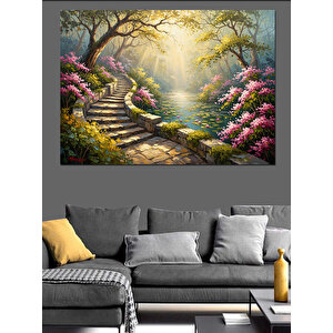 Çiçekli Merdivenler Ve Gizemli Bahçe Dekoratif Kanvas - Mdf Ahşap Tablo 100x140 cm