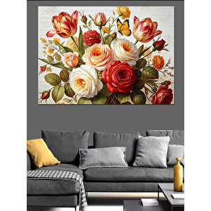 Vazoda Beyaz Ve Pembe Çiçekler Dekoratif Kanvas - Mdf Ahşap Tablo 100x140 cm