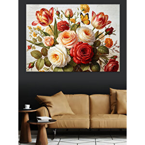 Vazoda Beyaz Ve Pembe Çiçekler Dekoratif Kanvas - Mdf Ahşap Tablo 100x140 cm