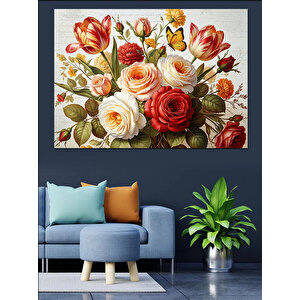 Vazoda Beyaz Ve Pembe Çiçekler Dekoratif Kanvas - Mdf Ahşap Tablo 100x140 cm