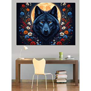 Çiçekler Arasında Mistik Kurt Portresi Dekoratif Kanvas - Mdf Ahşap Tablo 50x70 cm