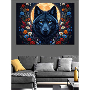 Çiçekler Arasında Mistik Kurt Portresi Dekoratif Kanvas - Mdf Ahşap Tablo 50x70 cm