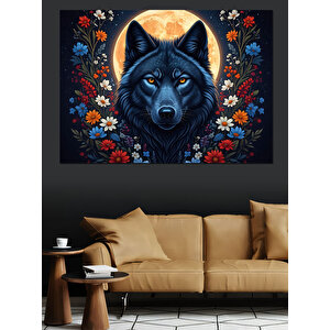 Çiçekler Arasında Mistik Kurt Portresi Dekoratif Kanvas - Mdf Ahşap Tablo 50x70 cm